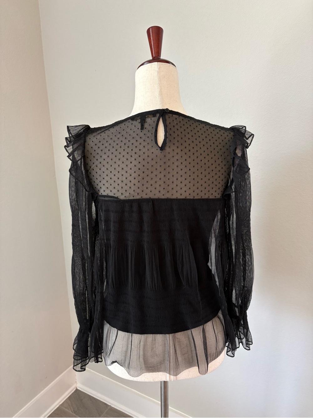 Maje Black Sheer Dot Long Sleeve Overlay Girls Date Night Top Ruffle Small - Picture 5 of 9